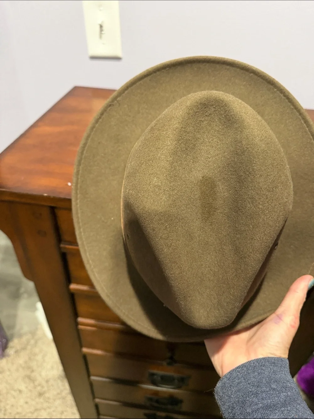 Vintage Olive Wool Felt Fedora with Brown Leather Band